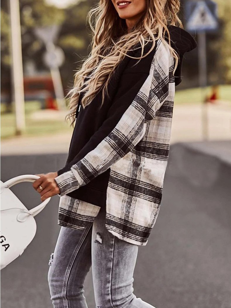 Women's Hoodies Plaid Paneled Pullover Long Sleeve Hoody - LuckyFash™