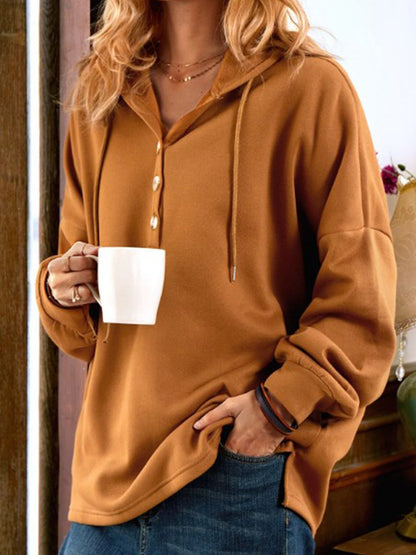 Hoodies Polo Casual Solid Button Long Sleeve Hoodie - LuckyFash™