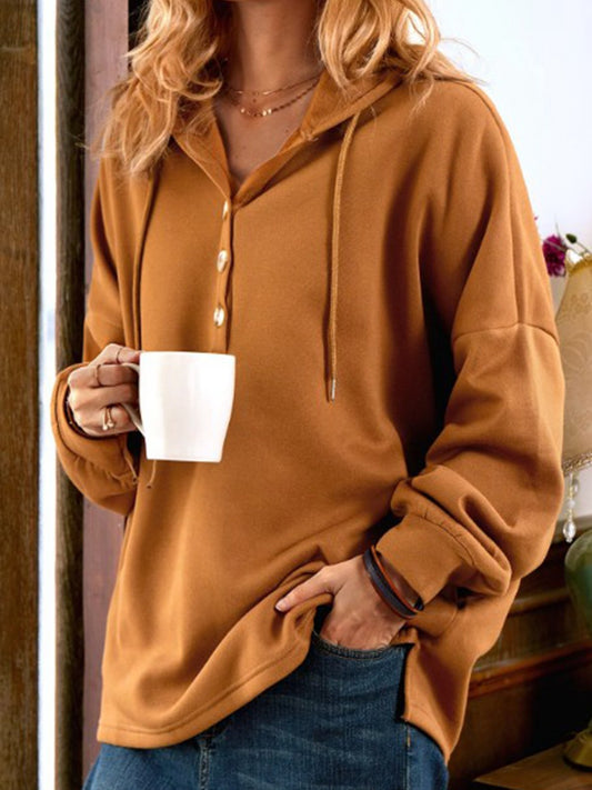 Hoodies Polo Casual Solid Button Long Sleeve Hoodie - LuckyFash™