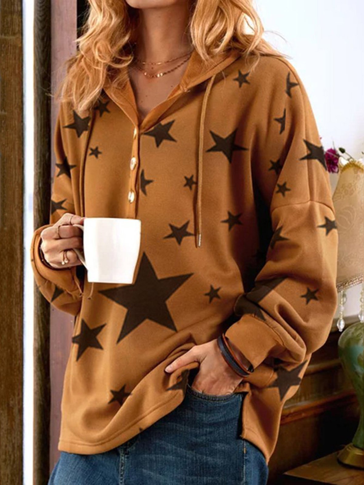 Women's Hoodies Printed Buttons Long Sleeve Drawstring Hoodie - LuckyFash™