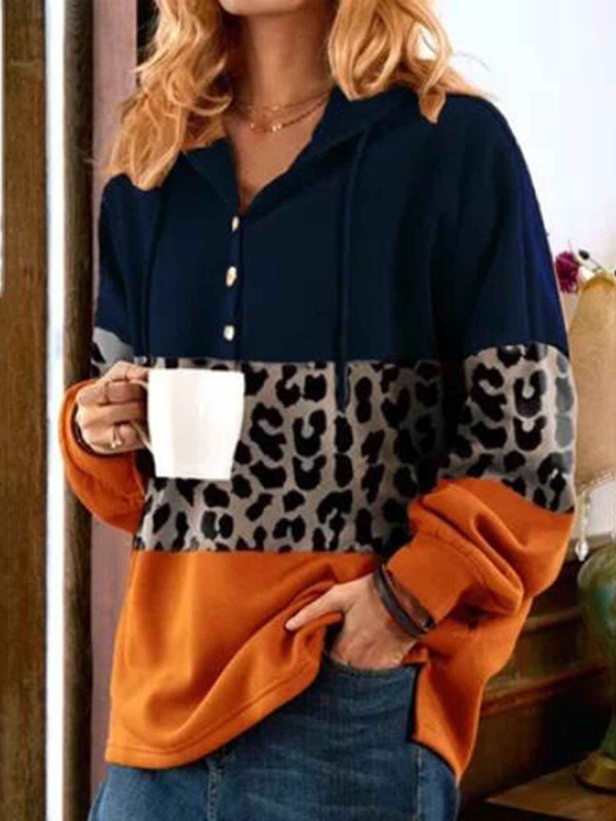 Women's Hoodies Printed Buttons Long Sleeve Drawstring Hoodie - LuckyFash™