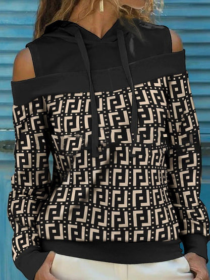 Women's Hoodies Printed Panel Off-Shoulder Long Sleeve Hoody - LuckyFash™