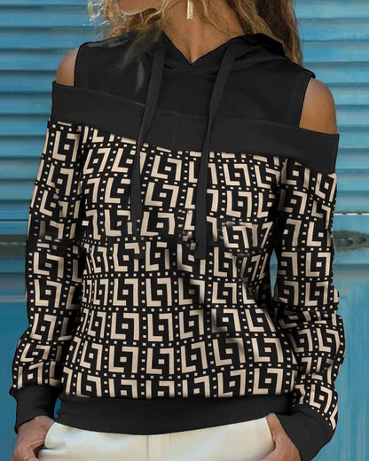 Women's Hoodies Printed Panel Off-Shoulder Long Sleeve Hoody - LuckyFash™