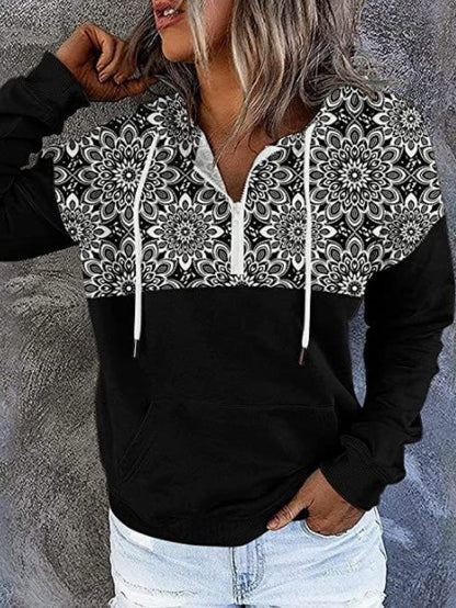 Women's Hoodies Printed Panel Zip Pocket Long-Sleeve Hoody - LuckyFash™