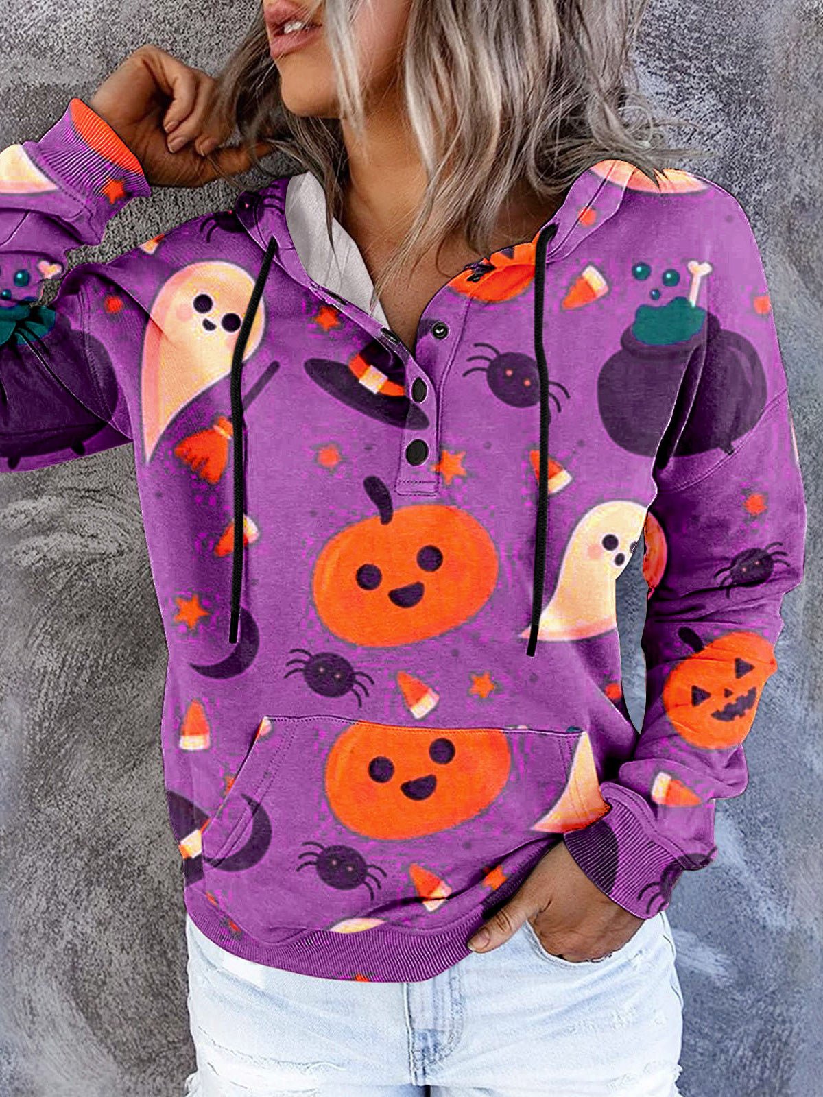 Women's Hoodies Printed Pocket Long-Sleeve Button Hoody - LuckyFash™