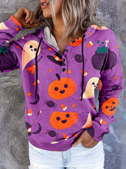 Women's Hoodies Printed Pocket Long-Sleeve Button Hoody - LuckyFash™