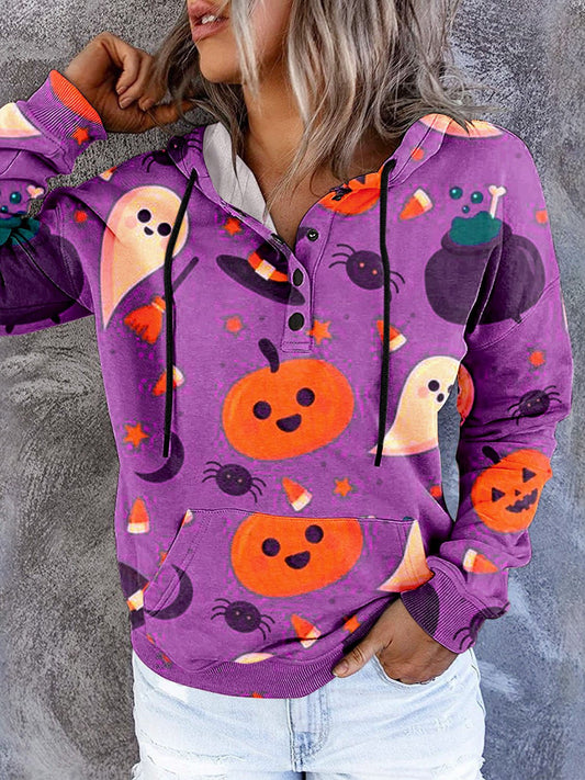 Women's Hoodies Printed Pocket Long-Sleeve Button Hoody - LuckyFash™