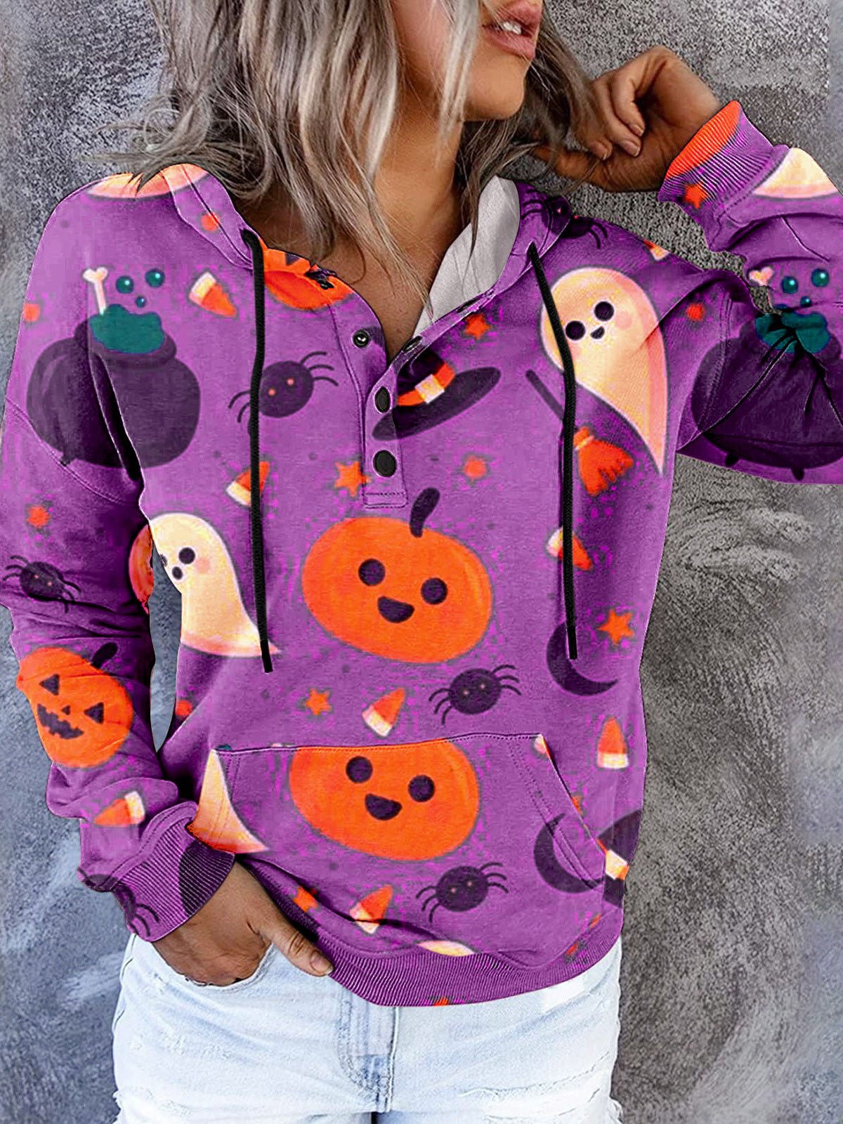 Women's Hoodies Printed Pocket Long-Sleeve Button Hoody - LuckyFash™