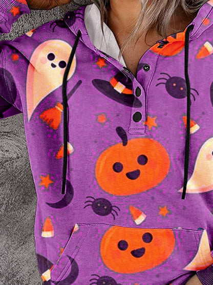 Women's Hoodies Printed Pocket Long-Sleeve Button Hoody - LuckyFash™