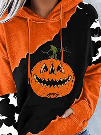 Women's Hoodies Pumpkin Bat Print Pocket Contrast Hoodie - LuckyFash™