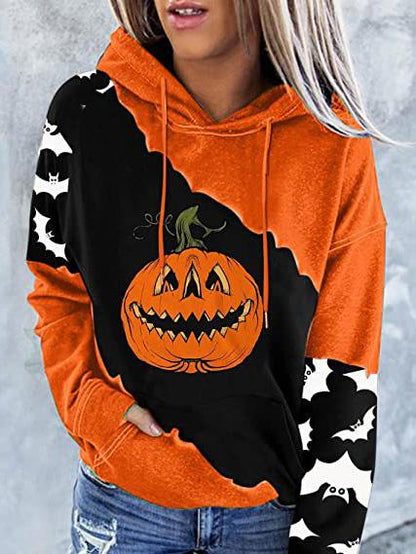 Women's Hoodies Pumpkin Bat Print Pocket Contrast Hoodie - LuckyFash™