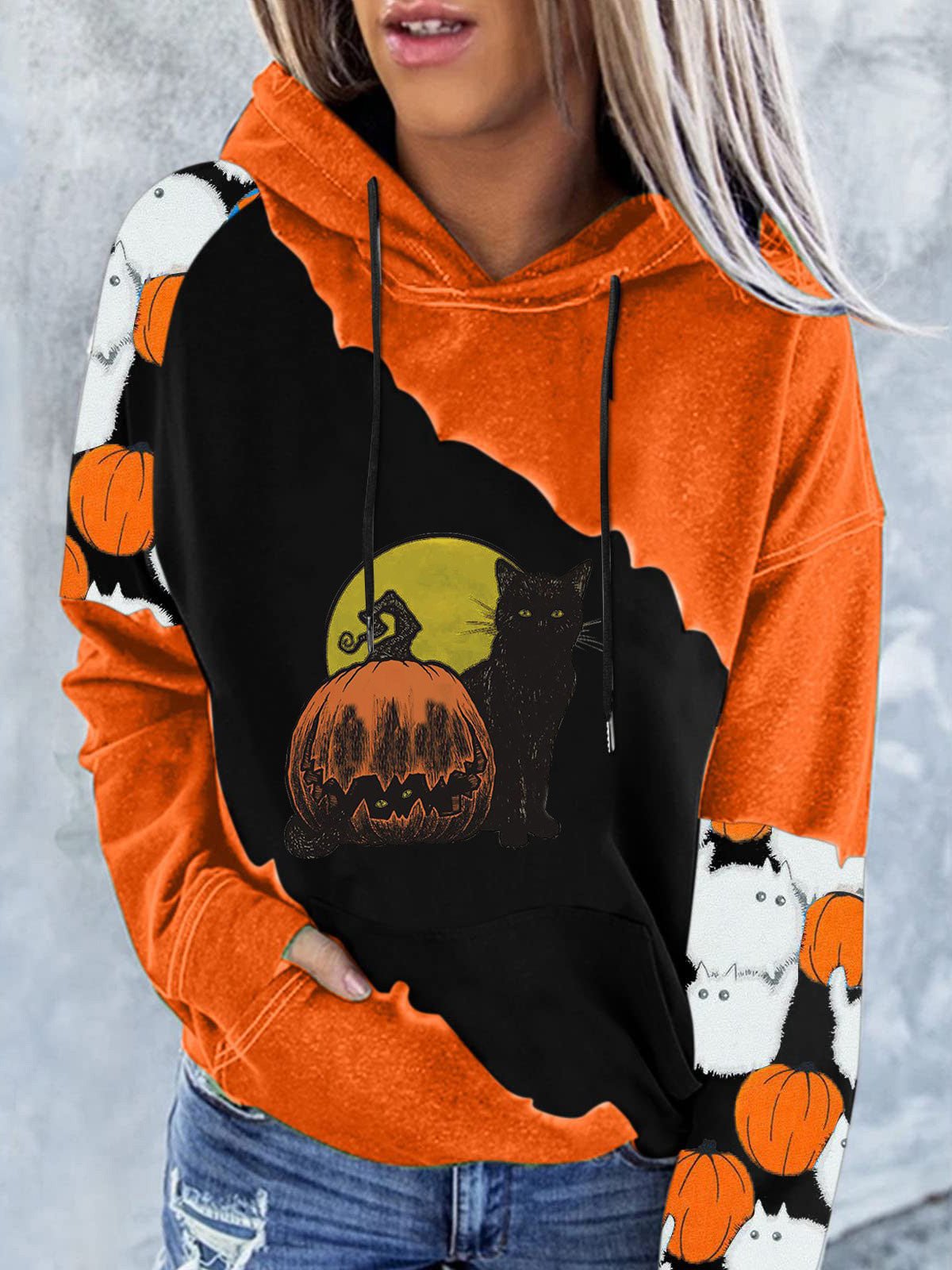 Hoodies Pumpkin Cat Print Pocket Long-Sleeve Hoody - LuckyFash™