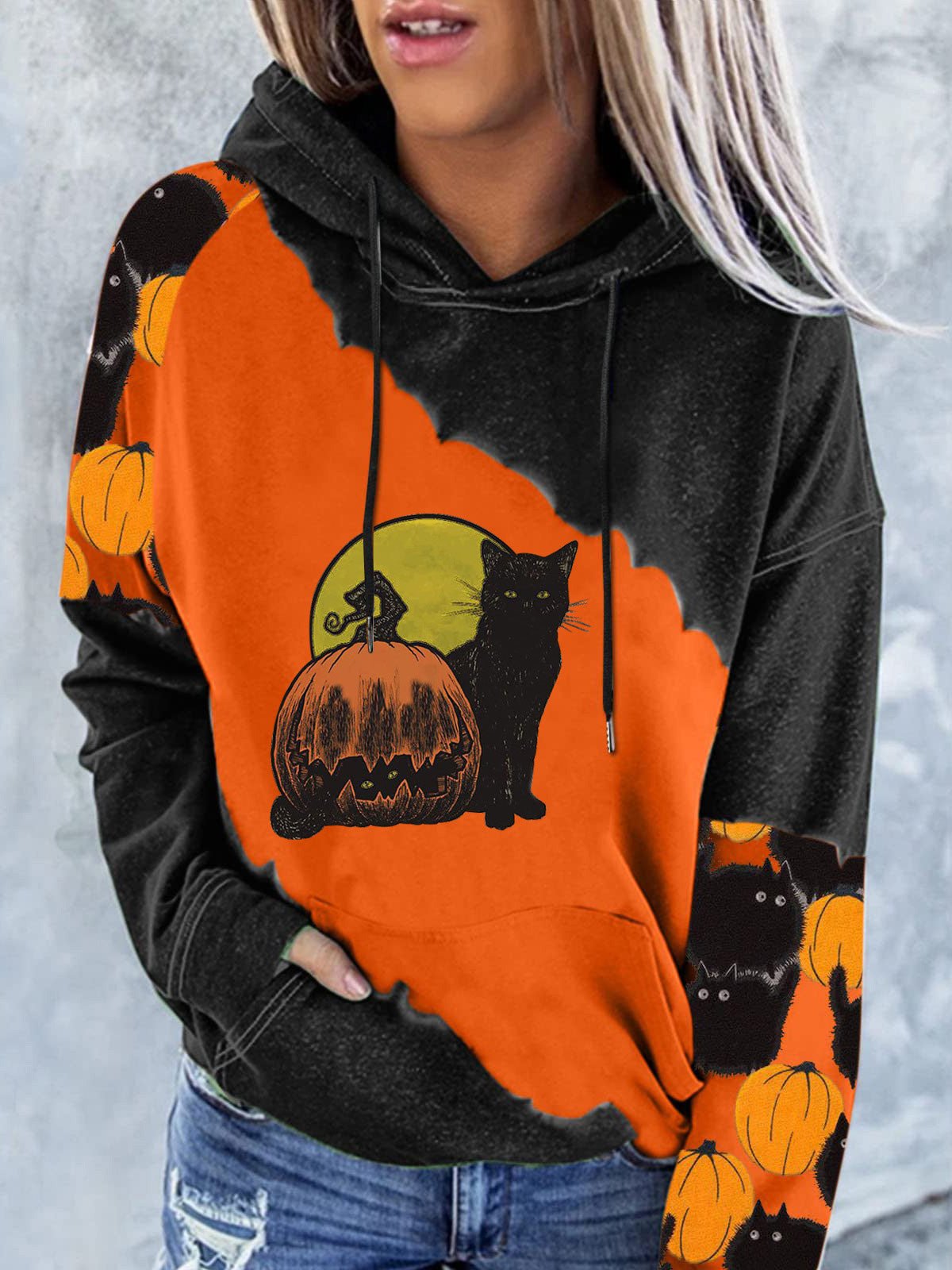 Hoodies Pumpkin Cat Print Pocket Long-Sleeve Hoody - LuckyFash™