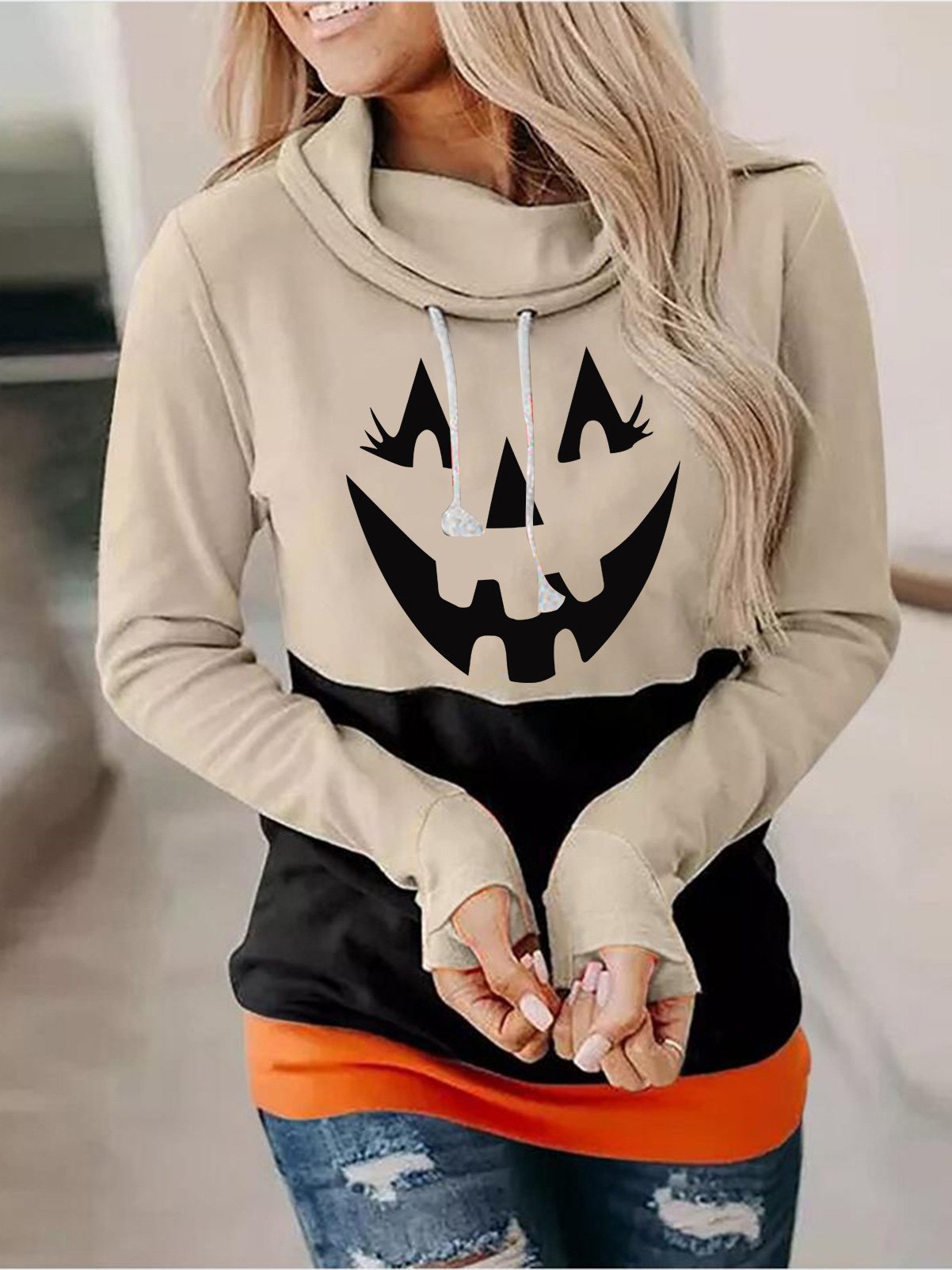 Women's Hoodies Pumpkin Print High Neck Tie Long Sleeve Hoodies - LuckyFash™