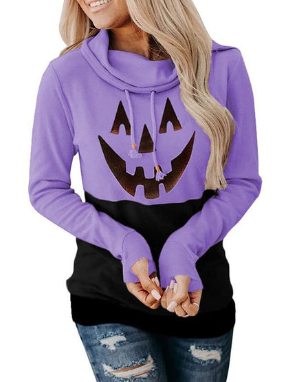 Women's Hoodies Pumpkin Print High Neck Tie Long Sleeve Hoodies - LuckyFash™