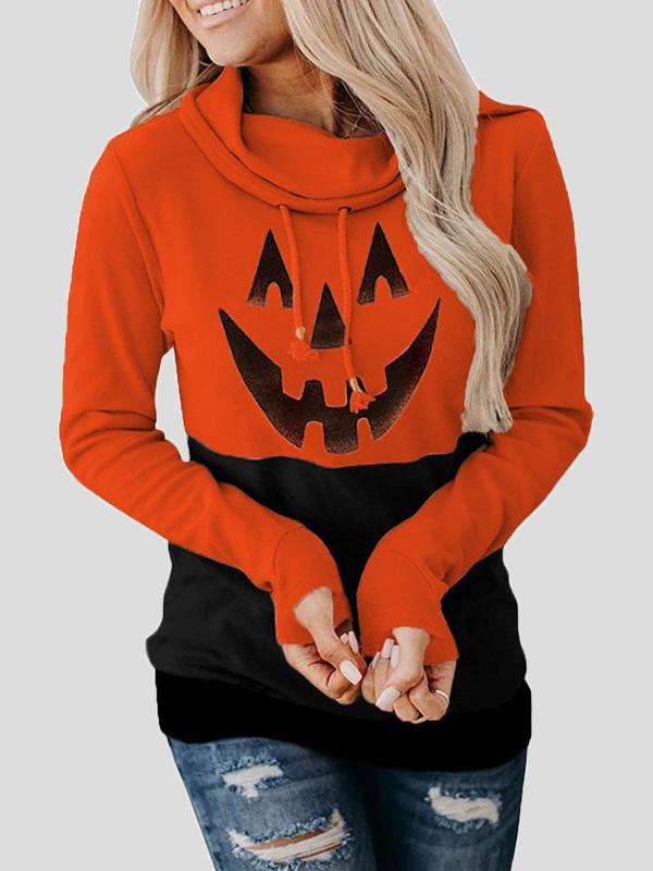 Women's Hoodies Pumpkin Print High Neck Tie Long Sleeve Hoodies - LuckyFash™