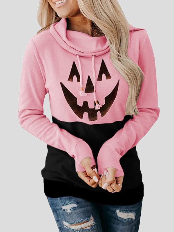 Women's Hoodies Pumpkin Print High Neck Tie Long Sleeve Hoodies - LuckyFash™