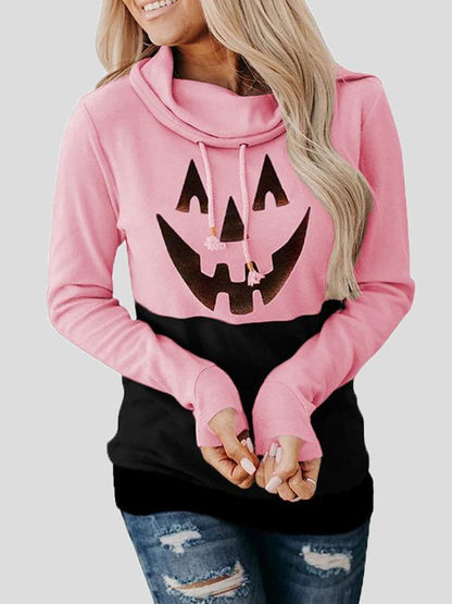 Women's Hoodies Pumpkin Print High Neck Tie Long Sleeve Hoodies - LuckyFash™