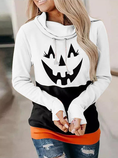 Women's Hoodies Pumpkin Print High Neck Tie Long Sleeve Hoodies - LuckyFash™