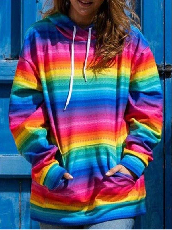 Women's Hoodies Rainbow Stripe Pocket Long Sleeve Hoody - LuckyFash™