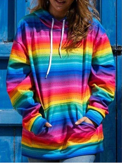 Women's Hoodies Rainbow Stripe Pocket Long Sleeve Hoody - LuckyFash™