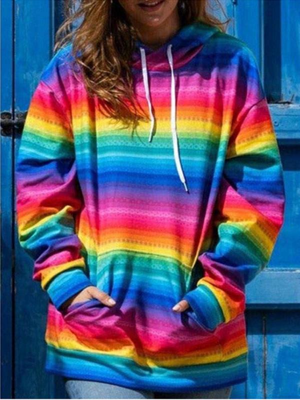 Women's Hoodies Rainbow Stripe Pocket Long Sleeve Hoody - LuckyFash™