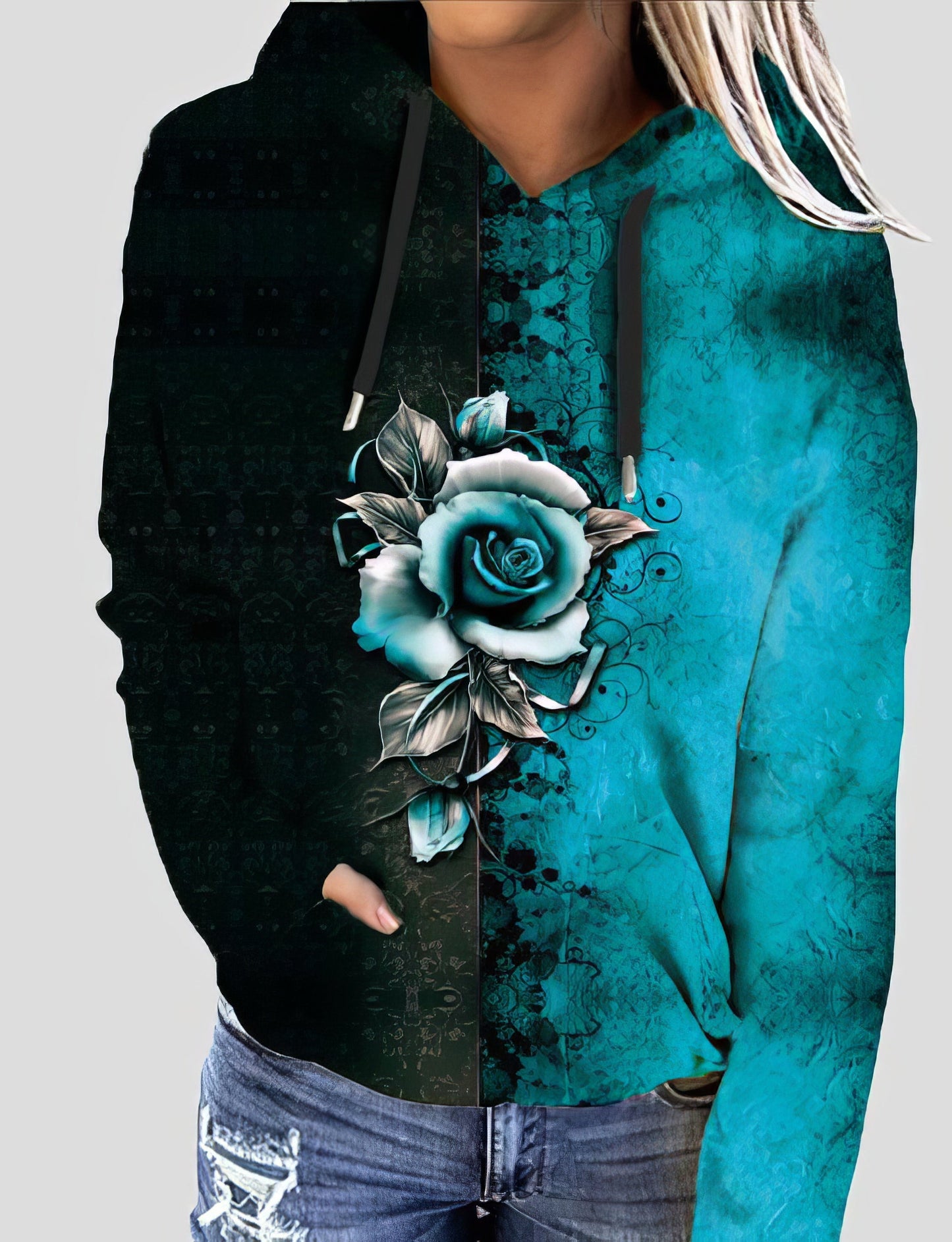 Women's Hoodies Rose Flower Print Two-Color Long Sleeve Hoodie - LuckyFash™