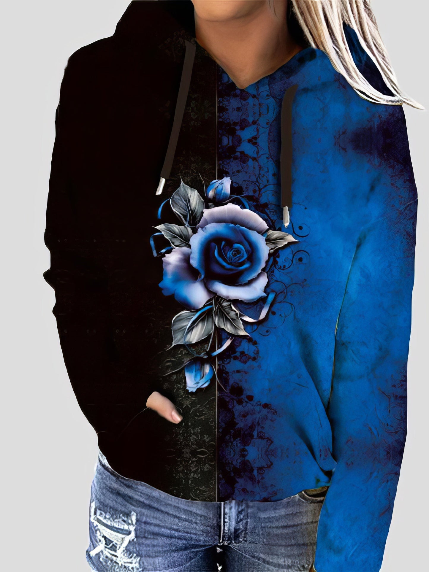 Women's Hoodies Rose Flower Print Two-Color Long Sleeve Hoodie - LuckyFash™