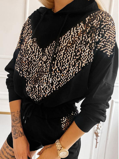 Women's Hoodies Sequin Contrast Pullover Drawstring Hoodie - LuckyFash™