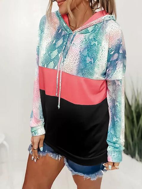 Women's Hoodies Snakeskin Panel Drawstring Pocket Hoodie - LuckyFash™