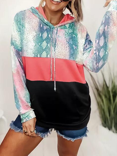 Women's Hoodies Snakeskin Panel Drawstring Pocket Hoodie - LuckyFash™