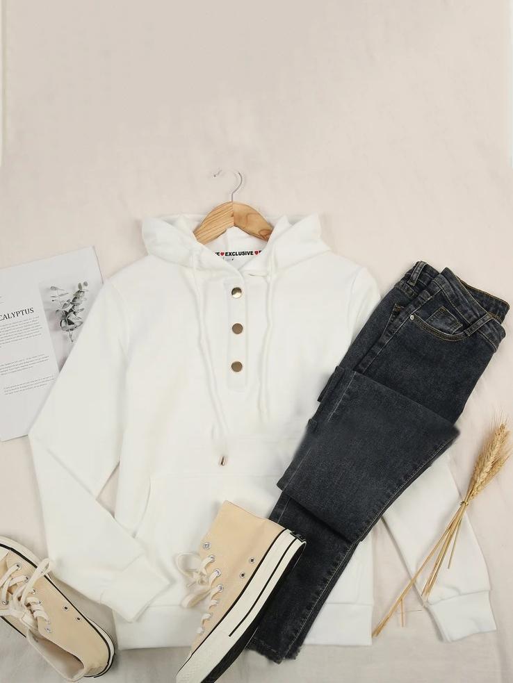 Women's Hoodies Solid Concealed Button Long Sleeve Pocket Hoodie - LuckyFash™