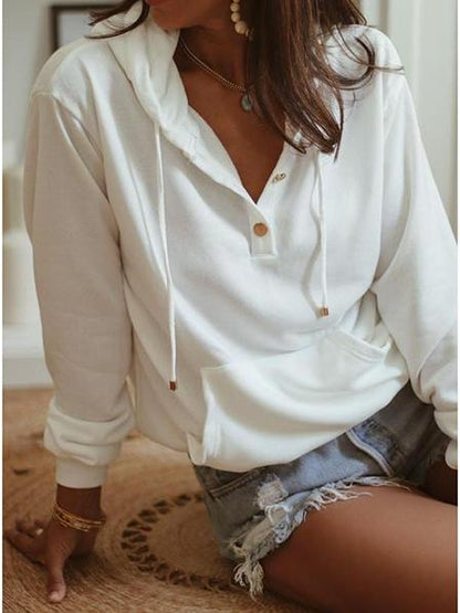 Women's Hoodies Solid Concealed Button Long Sleeve Pocket Hoodie - LuckyFash™