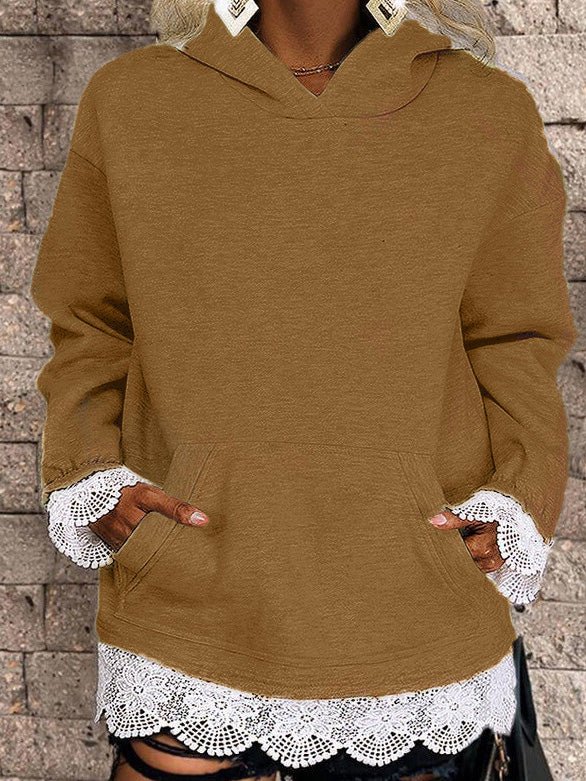 Women's Hoodies Solid Lace Panel Pocket Long Sleeve Hoody - LuckyFash™