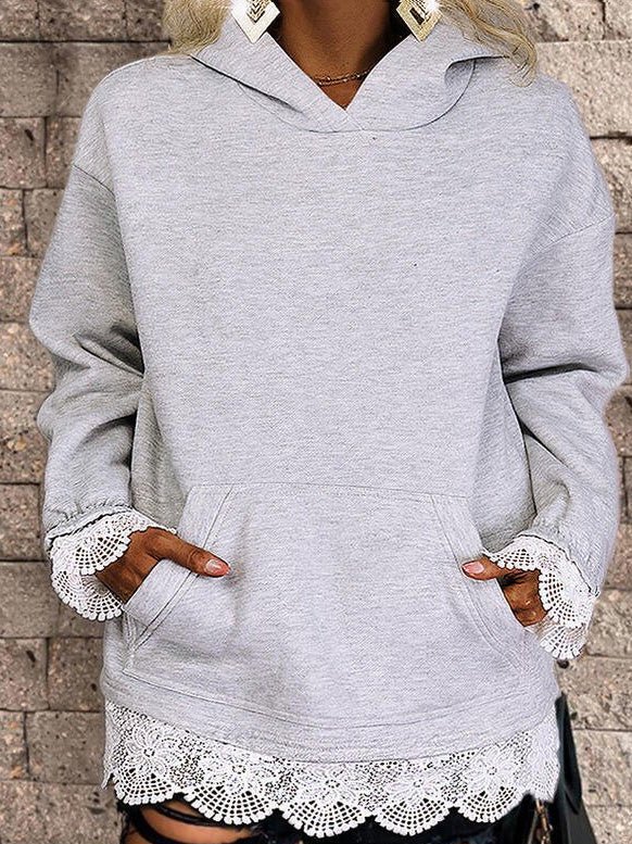Women's Hoodies Solid Lace Panel Pocket Long Sleeve Hoody - LuckyFash™