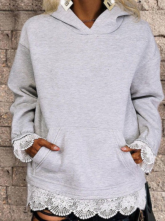 Women's Hoodies Solid Lace Panel Pocket Long Sleeve Hoody - LuckyFash™