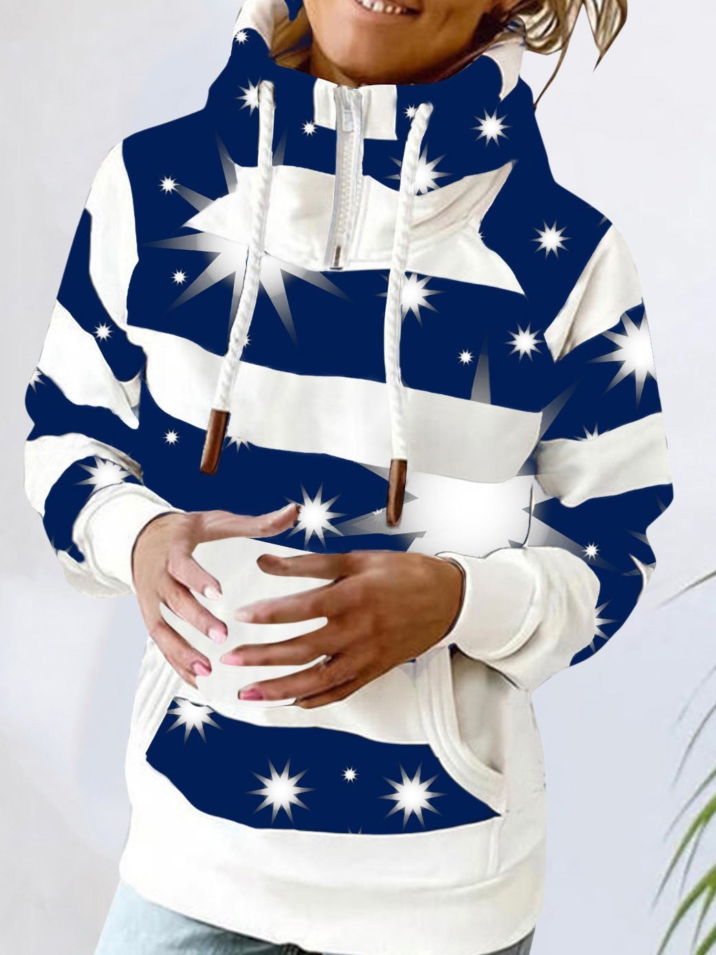 Women's Hoodies Star Stripe High Neck Pocket Long Sleeve Hoodie - LuckyFash™
