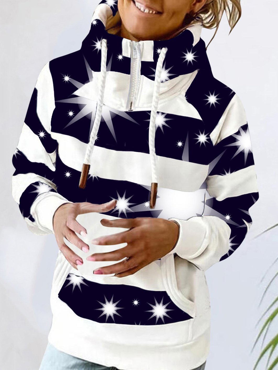Women's Hoodies Star Stripe High Neck Pocket Long Sleeve Hoodie - LuckyFash™