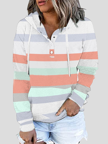 Women's Hoodies Striped Button Pocket Drawstring Hoodie - LuckyFash™
