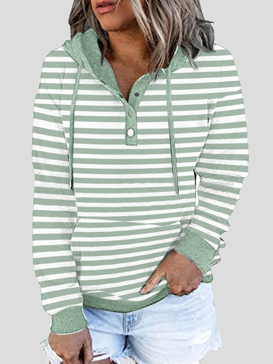 Women's Hoodies Striped Button Pocket Drawstring Hoodie - LuckyFash™