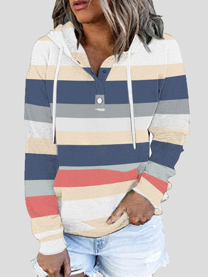 Women's Hoodies Striped Button Pocket Drawstring Hoodie - LuckyFash™