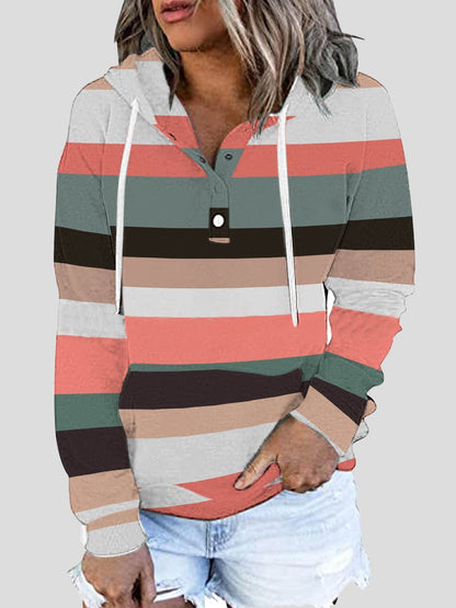 Women's Hoodies Striped Button Pocket Drawstring Hoodie - LuckyFash™