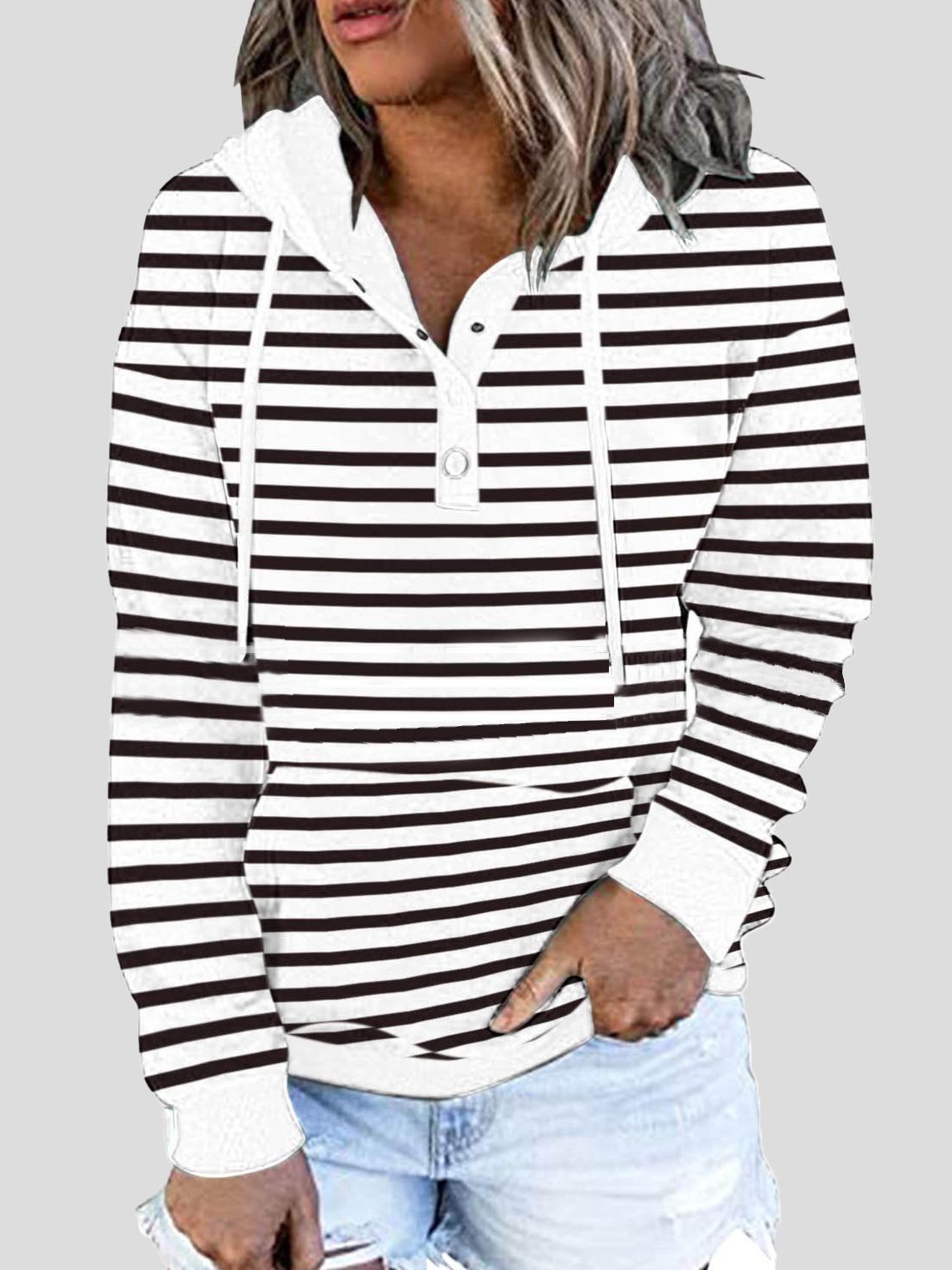 Women's Hoodies Striped Button Pocket Drawstring Hoodie - LuckyFash™