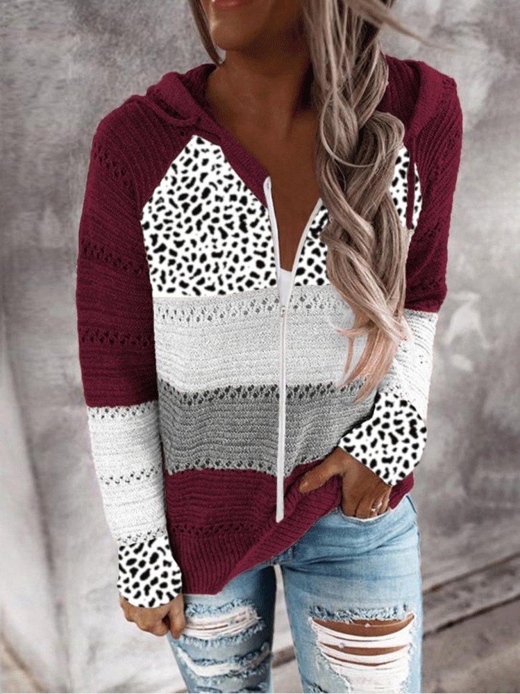 Women's Hoodies Striped Leopard Panel Zip Hooded Sweater - LuckyFash™