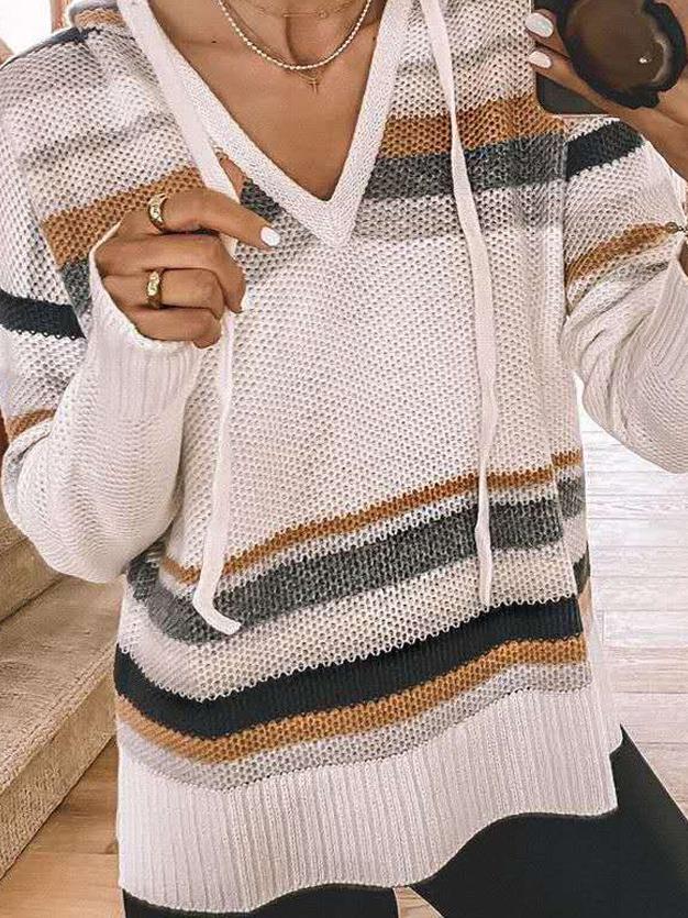 Women's Hoodies Striped V-Neck Long Sleeve Knit Hoodie - LuckyFash™