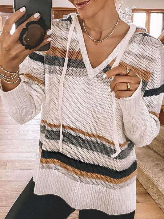 Women's Hoodies Striped V-Neck Long Sleeve Knit Hoodie - LuckyFash™