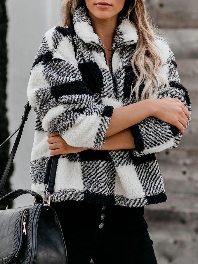 Women's Hoodies Thick Stand Collar Plaid Long Sleeve Hoodie - LuckyFash™