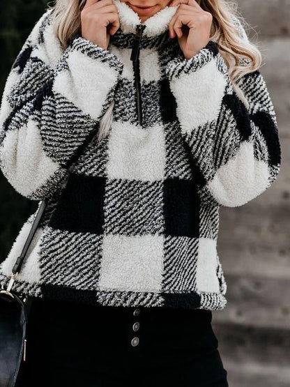 Women's Hoodies Thick Stand Collar Plaid Long Sleeve Hoodie - LuckyFash™