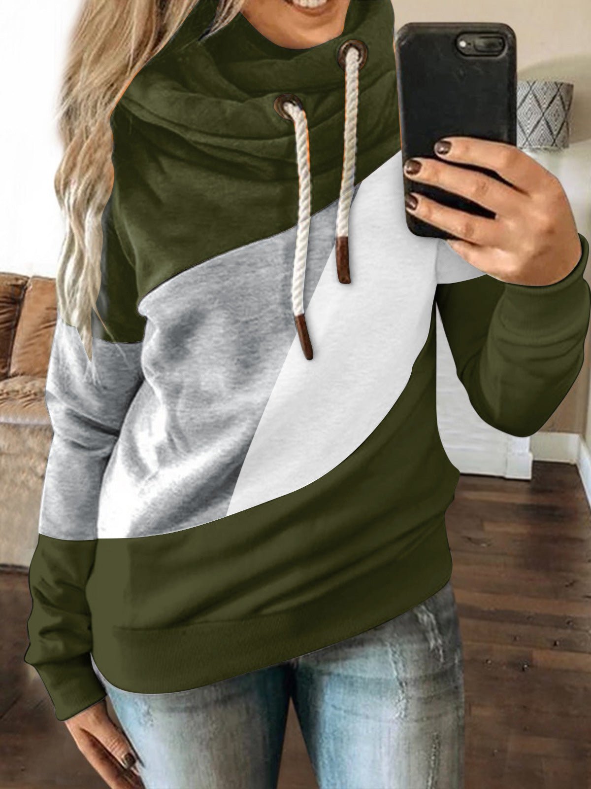 Women's Hoodies Tricolor Paneled Drawstring Long Sleeve Hoody - LuckyFash™