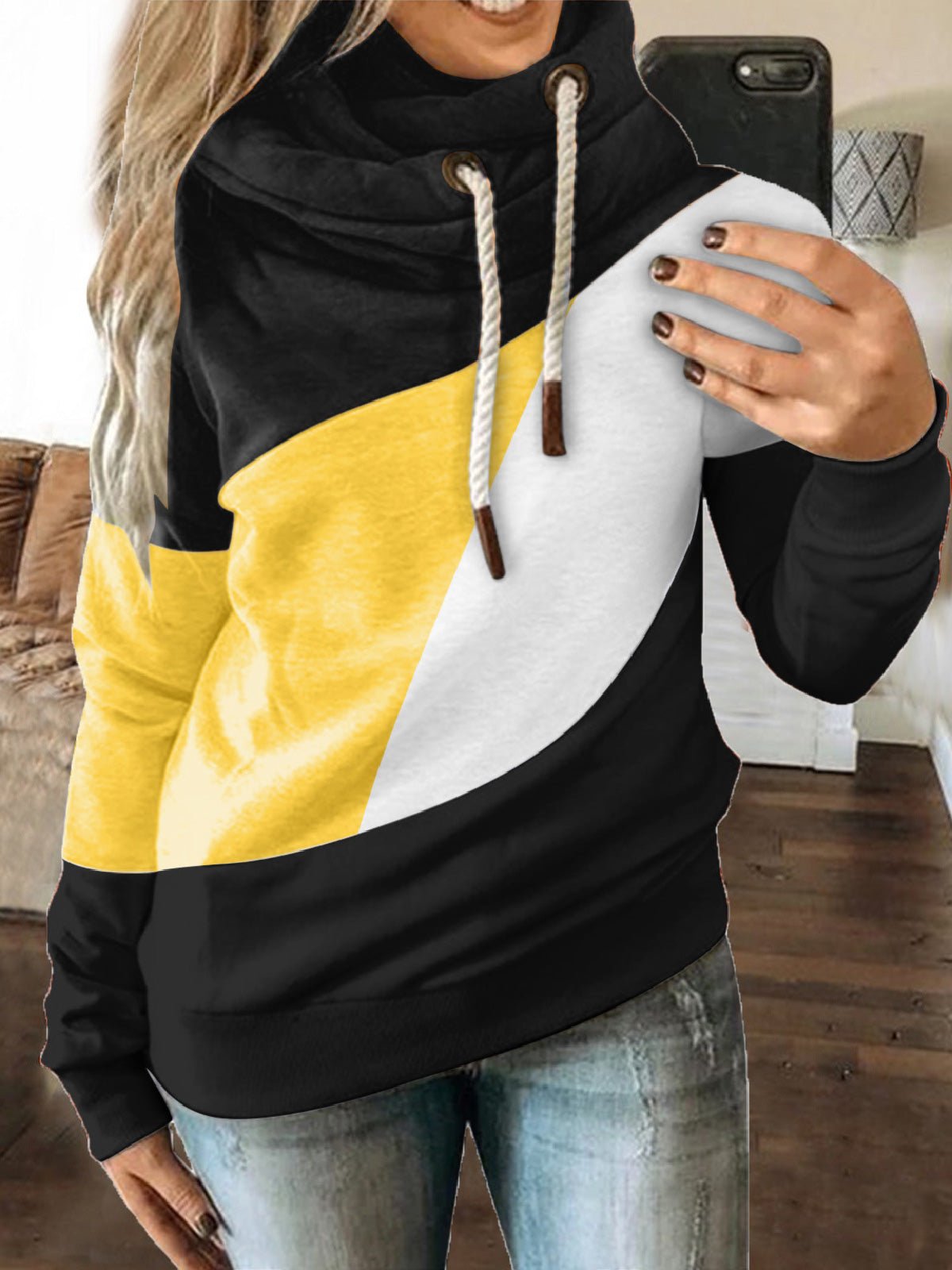 Women's Hoodies Tricolor Paneled Drawstring Long Sleeve Hoody - LuckyFash™